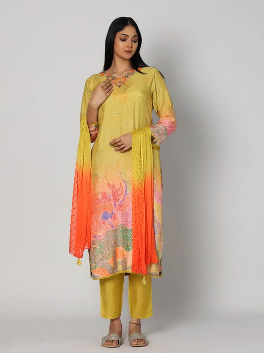Yellow 3/4th Sleeves Silk Muslin All over print with embellishment work Calf length Kurta Set - With Dupatta