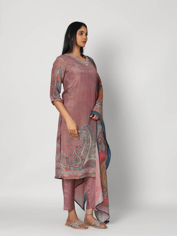 Mauve 3/4th Sleeves Soft Tissue Paisley and embellishment work Calf length Kurta Set - With Dupatta