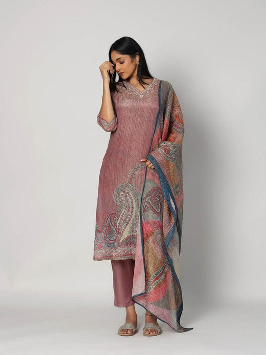 Mauve 3/4th Sleeves Soft Tissue Paisley and embellishment work Calf length Kurta Set - With Dupatta