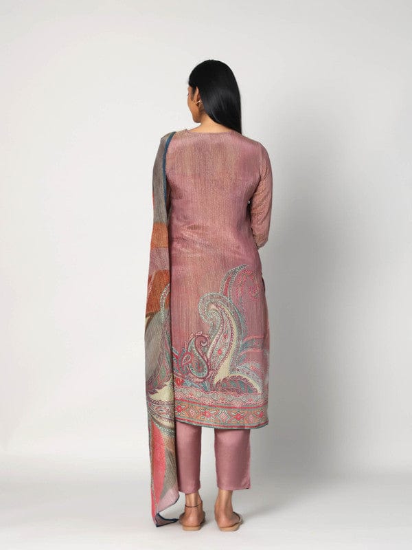 Mauve 3/4th Sleeves Soft Tissue Paisley and embellishment work Calf length Kurta Set - With Dupatta