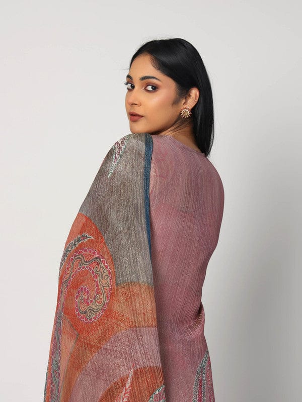 Mauve 3/4th Sleeves Soft Tissue Paisley and embellishment work Calf length Kurta Set - With Dupatta