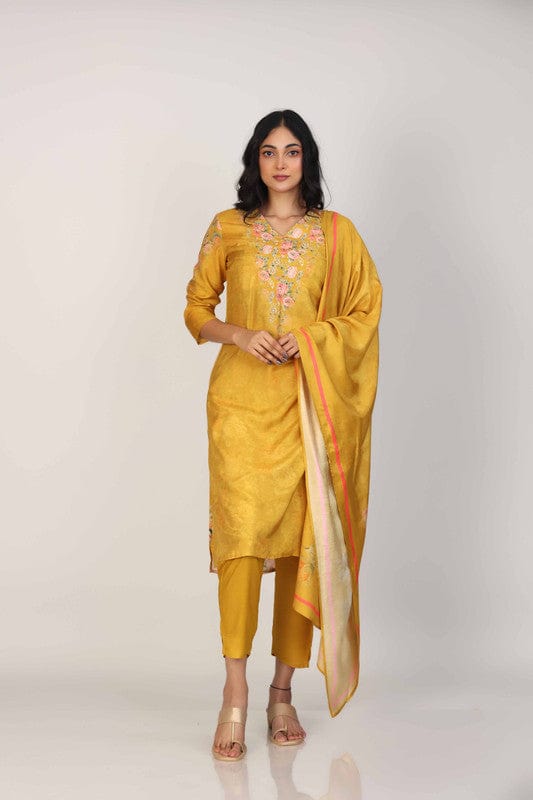 Yellow 3/4th Sleeves Soft Tissue Floral print with embellishment work Calf length Kurta Set - With Dupatta