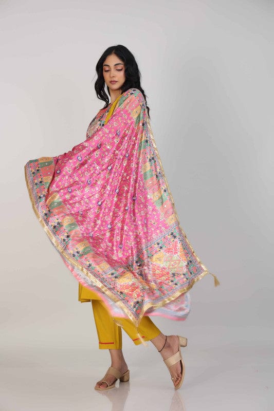 Yellow 3/4th Sleeves Silk Chanderi Mixed print Calf length Kurta Set - With Dupatta
