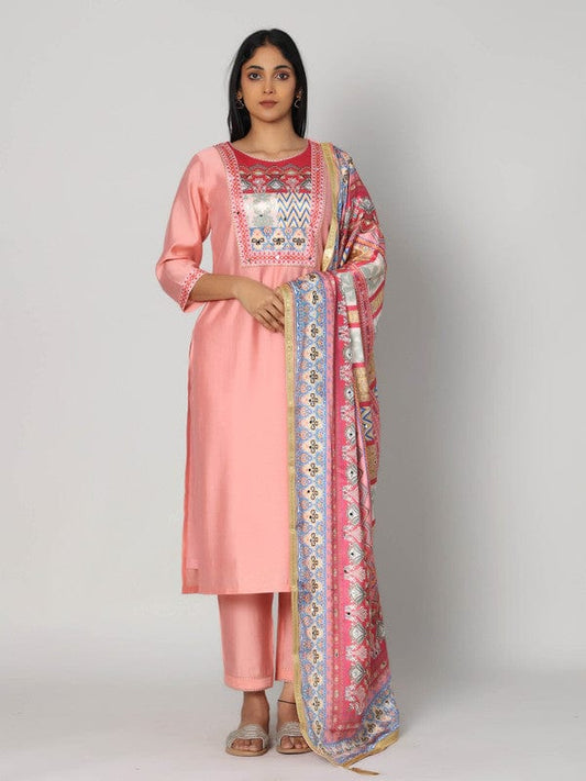 Peach 3/4th Sleeves Silk Chanderi Mixed print Calf length Kurta Set - With Dupatta