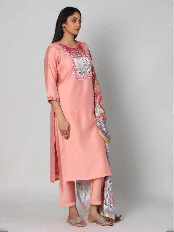 Peach 3/4th Sleeves Silk Chanderi Mixed print Calf length Kurta Set - With Dupatta