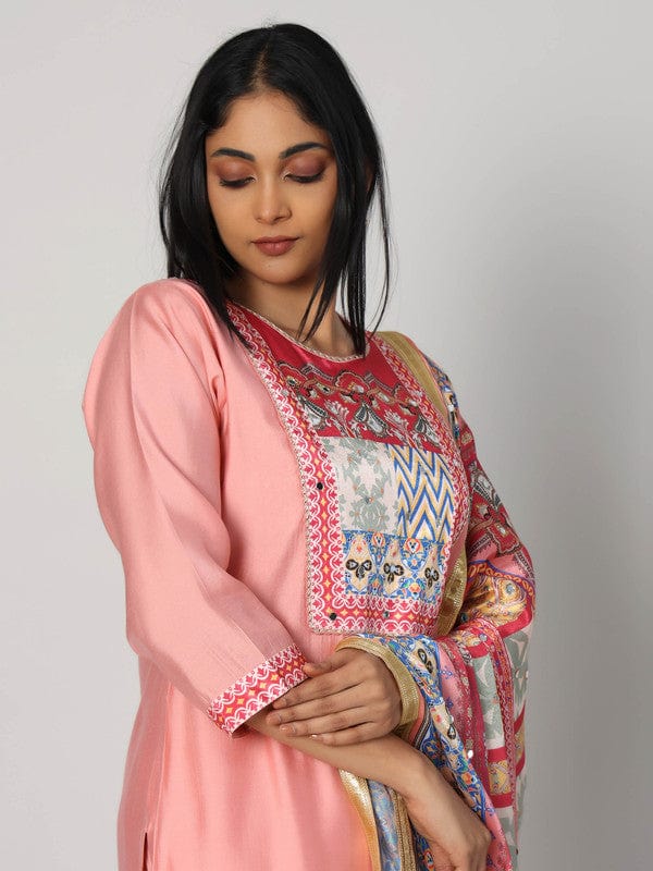 Peach 3/4th Sleeves Silk Chanderi Mixed print Calf length Kurta Set - With Dupatta