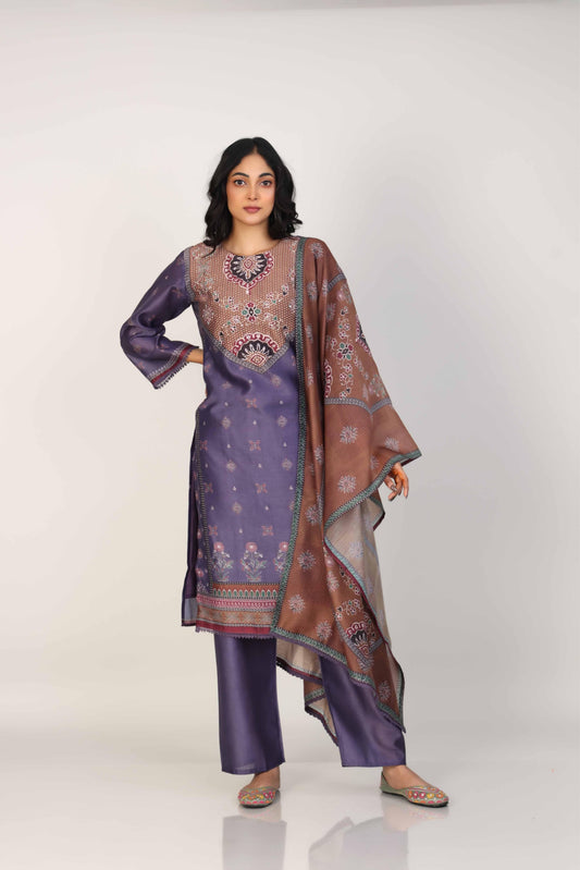 Grape 3/4th Sleeves Silk Chanderi All over print, mixed prints Calf length Kurta Set - With Dupatta