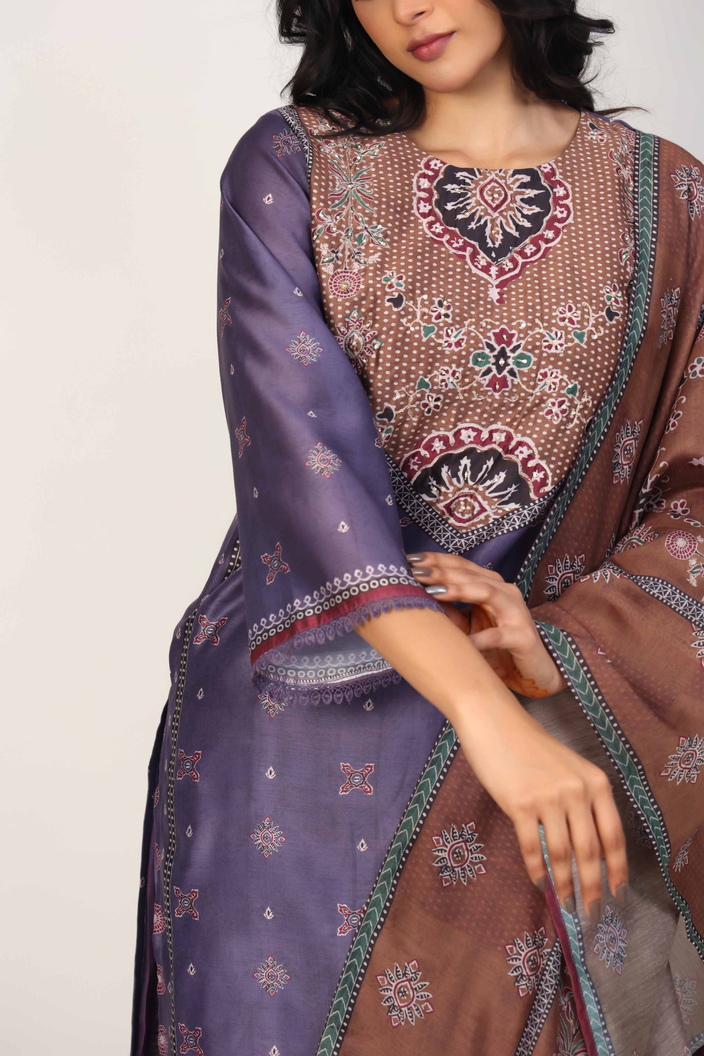 Grape 3/4th Sleeves Silk Chanderi All over print, mixed prints Calf length Kurta Set - With Dupatta