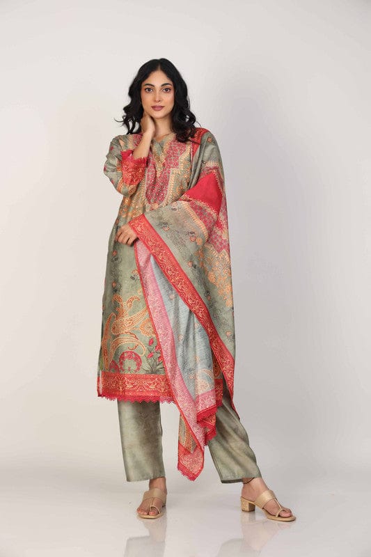 Green 3/4th Sleeves Silk Chanderi All over print Calf length Kurta Set - With Dupatta