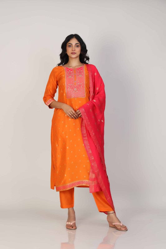 Orange 3/4th Sleeves Dola silk Zari and embellishment work Calf length Kurta Set - With Dupatta
