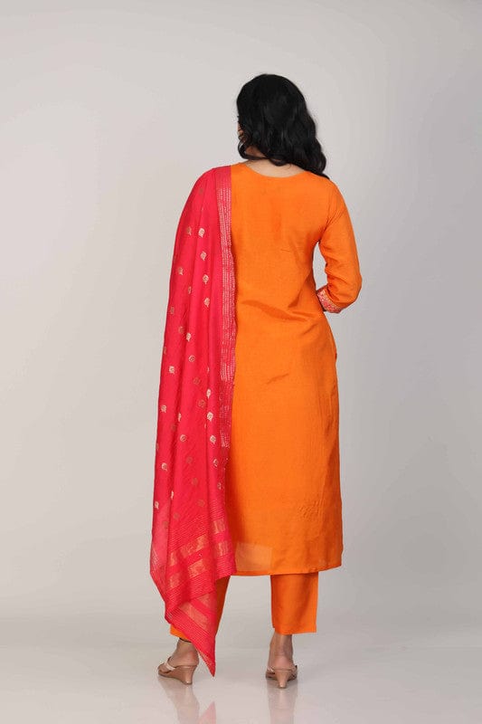 Orange 3/4th Sleeves Dola silk Zari and embellishment work Calf length Kurta Set - With Dupatta