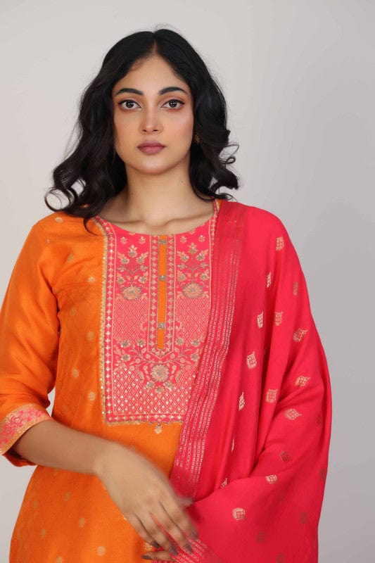 Orange 3/4th Sleeves Dola silk Zari and embellishment work Calf length Kurta Set - With Dupatta