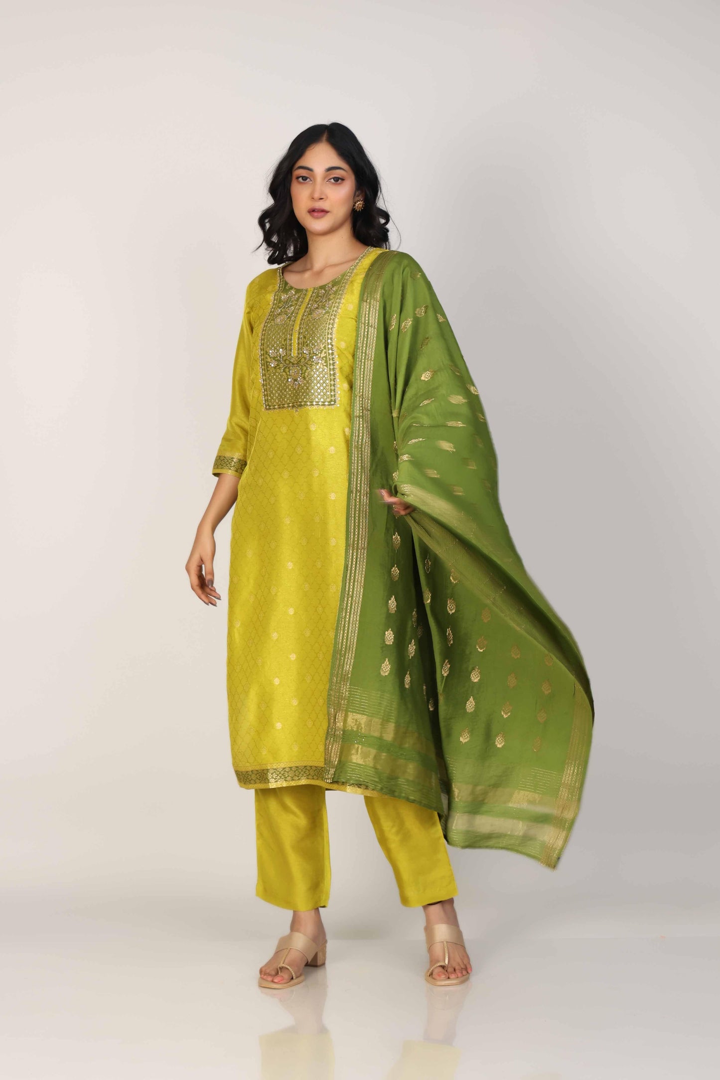 Green 3/4th Sleeves Dola silk Zari and embellishment work Calf length Kurta Set - With Dupatta