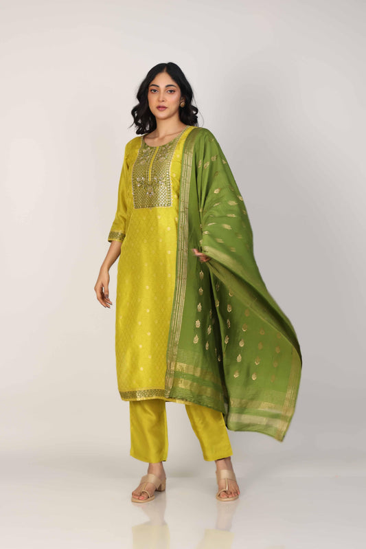Green 3/4th Sleeves Dola silk Zari and embellishment work Calf length Kurta Set - With Dupatta