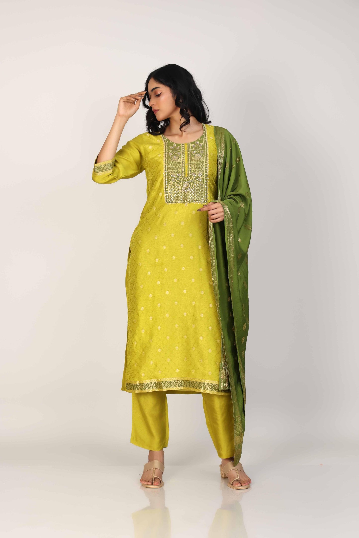 Green 3/4th Sleeves Dola silk Zari and embellishment work Calf length Kurta Set - With Dupatta