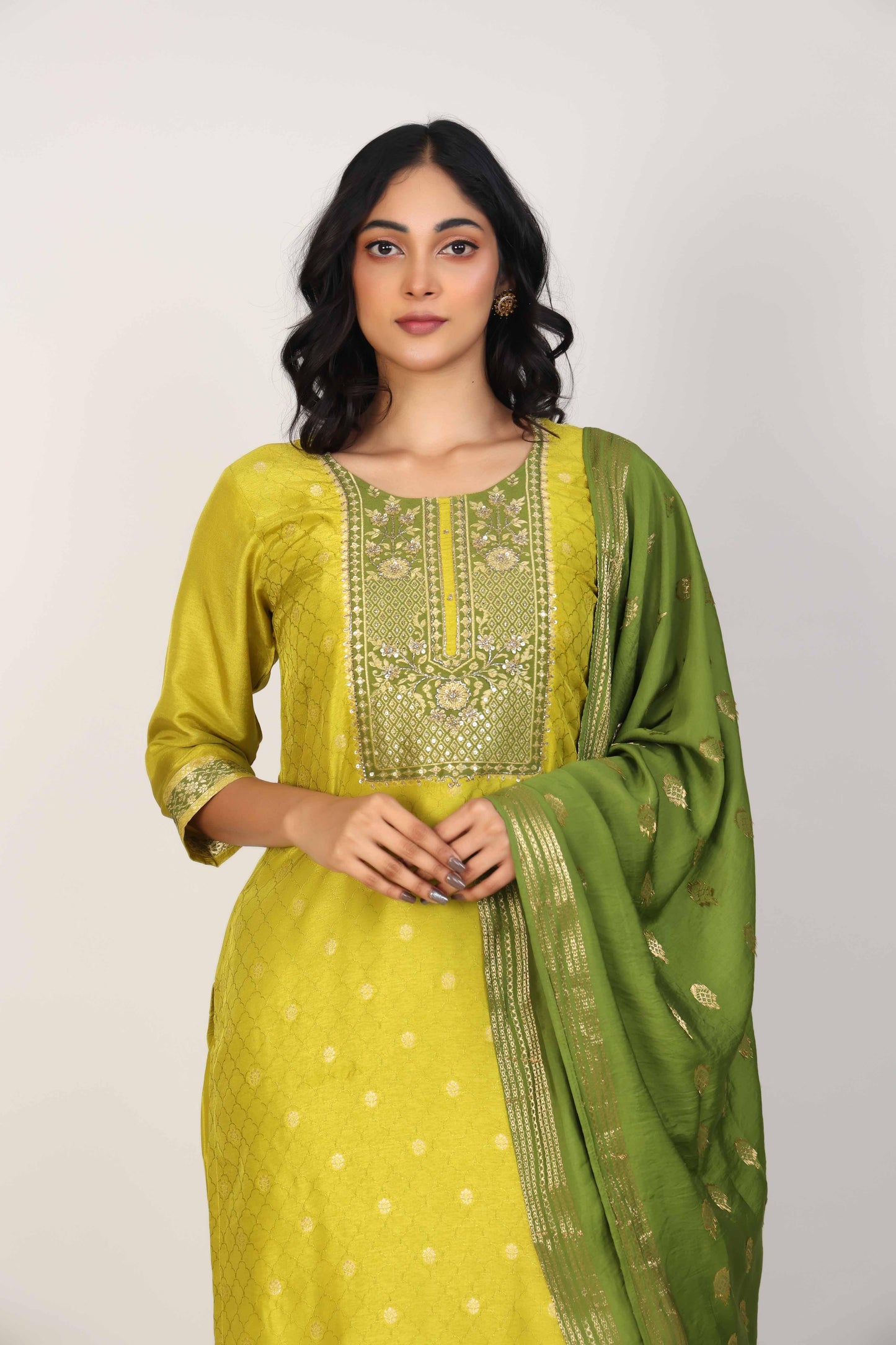 Green 3/4th Sleeves Dola silk Zari and embellishment work Calf length Kurta Set - With Dupatta