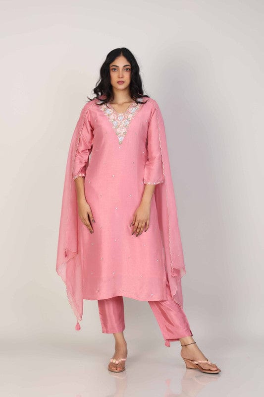 Onion Pink 3/4th Sleeves Silk Chanderi Embellishment work with sequin work placement Calf length Kurta Set - With Dupatta