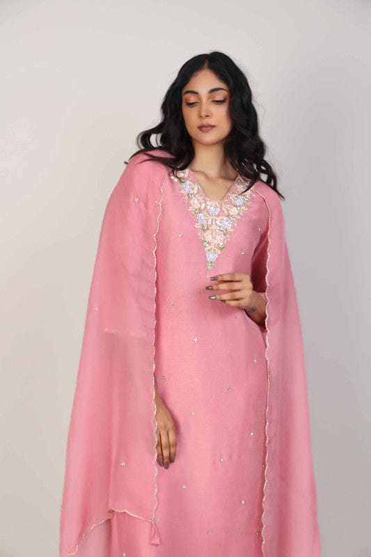 Onion Pink 3/4th Sleeves Silk Chanderi Embellishment work with sequin work placement Calf length Kurta Set - With Dupatta