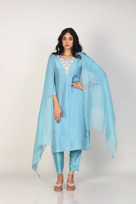 Pastel Blue 3/4th Sleeves Silk Chanderi Embellishment work with sequin work placement Calf length Kurta Set - With Dupatta