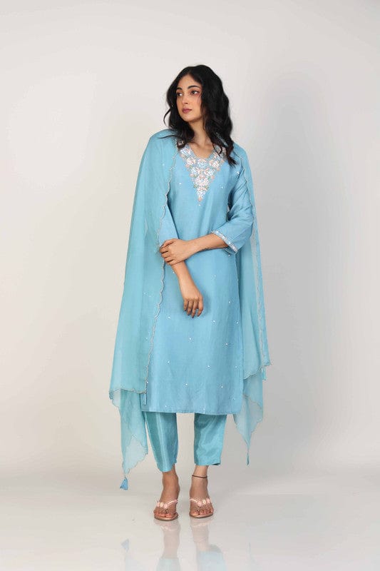 Pastel Blue 3/4th Sleeves Silk Chanderi Embellishment work with sequin work placement Calf length Kurta Set - With Dupatta