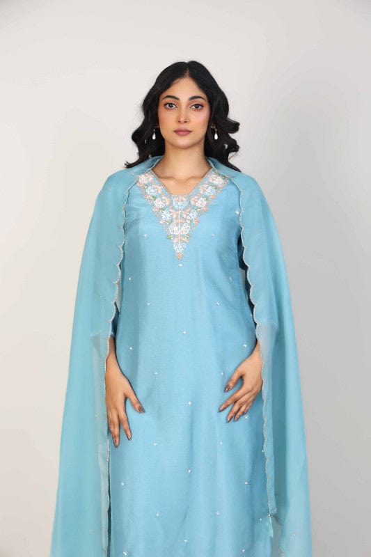 Pastel Blue 3/4th Sleeves Silk Chanderi Embellishment work with sequin work placement Calf length Kurta Set - With Dupatta