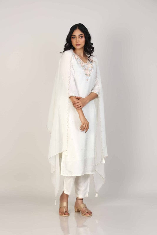 Pearl 3/4th Sleeves Dola Silk Embellishment work with sequin work placement Calf length Kurta Set - With Dupatta