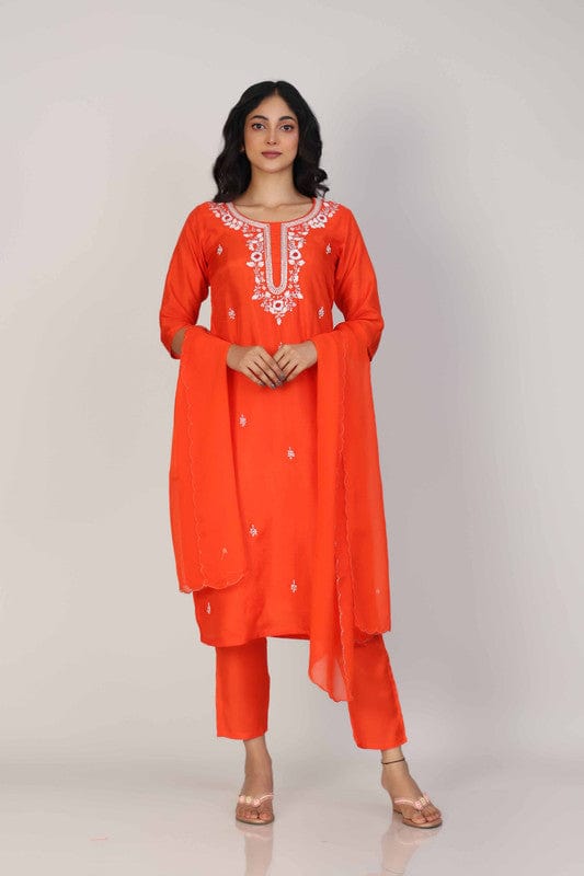 Dark Orange 3/4th Sleeves Dola silk Embellishment work with sequin work placement Calf length Kurta Set - With Dupatta