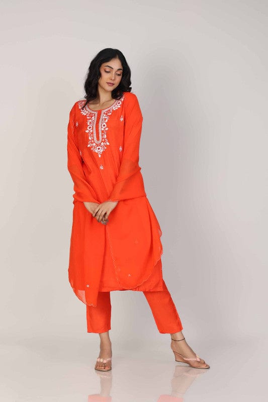 Dark Orange 3/4th Sleeves Dola silk Embellishment work with sequin work placement Calf length Kurta Set - With Dupatta