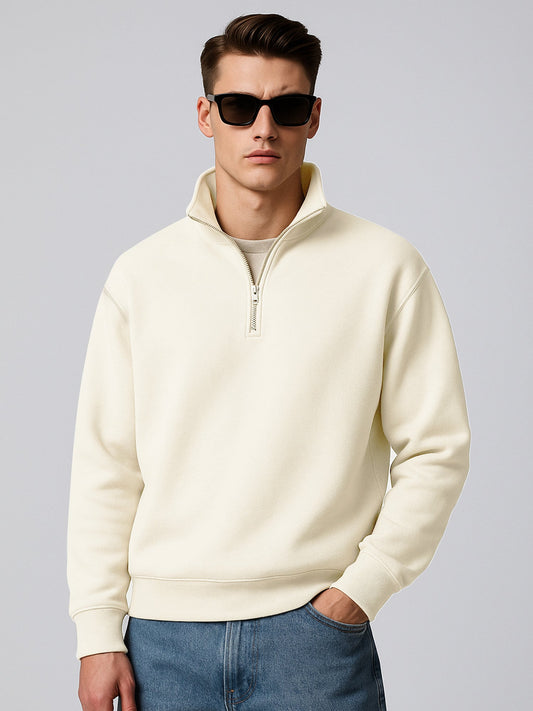 Cozy Cut Zipper Full Sleeve Cream Sweatshirt
