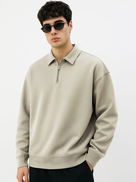 Cozy Cut Polo Zipper Full Sleeve Biscuit Sweatshirt