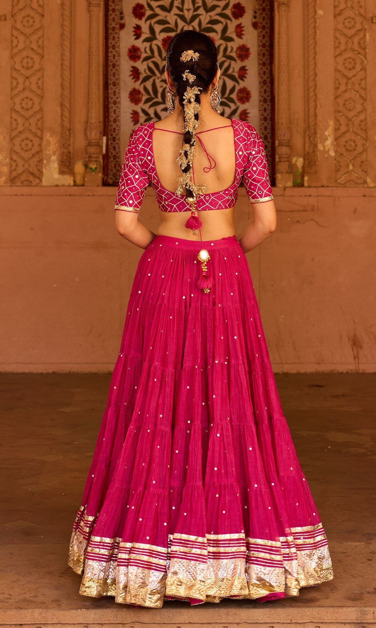 Phillauri 2 rani pink teared lehenga with gota work blouse and foil  print dupatta (set of 3)
