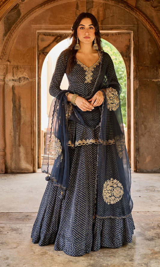 Zoya Black Bandhej Kurta with Lehenga and Dupatta (set of 3)