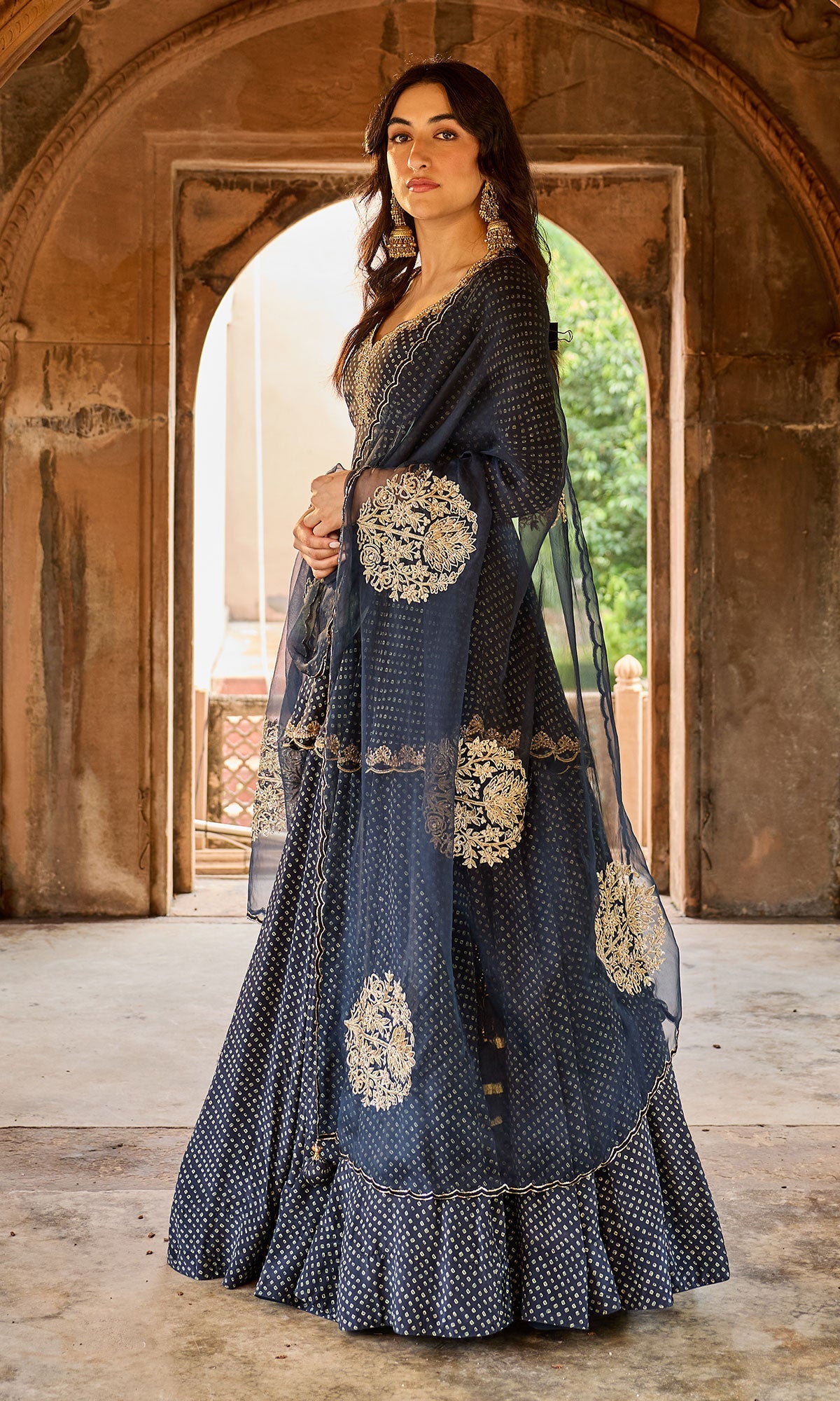 Zoya Black Bandhej Kurta with Lehenga and Dupatta (set of 3)