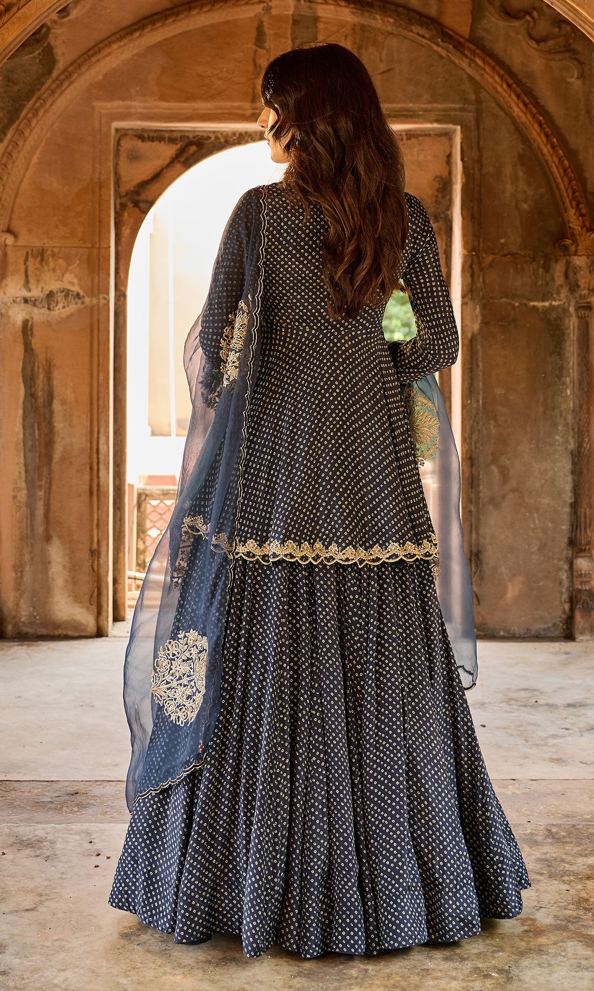 Zoya Black Bandhej Kurta with Lehenga and Dupatta (set of 3)