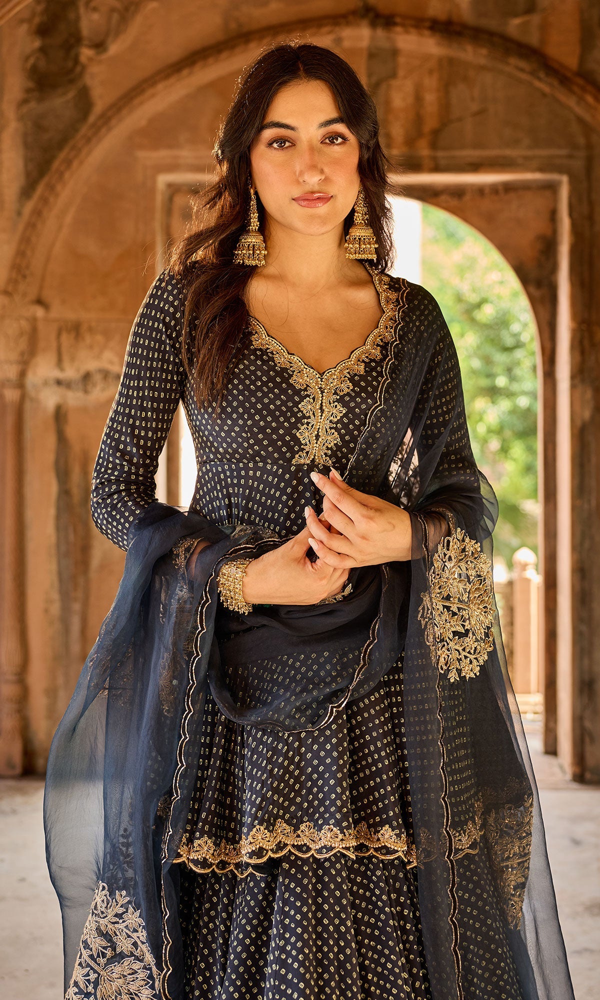 Zoya Black Bandhej Kurta with Lehenga and Dupatta (set of 3)