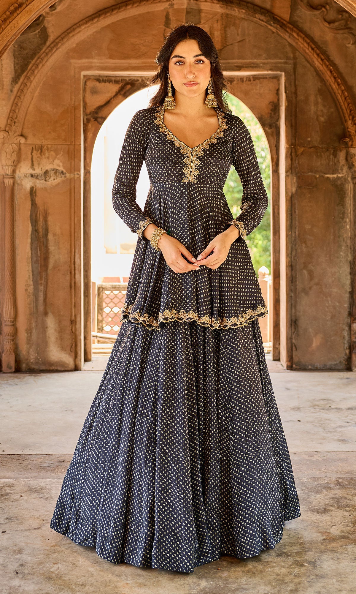 Zoya Black Bandhej Kurta with Lehenga and Dupatta (set of 3)