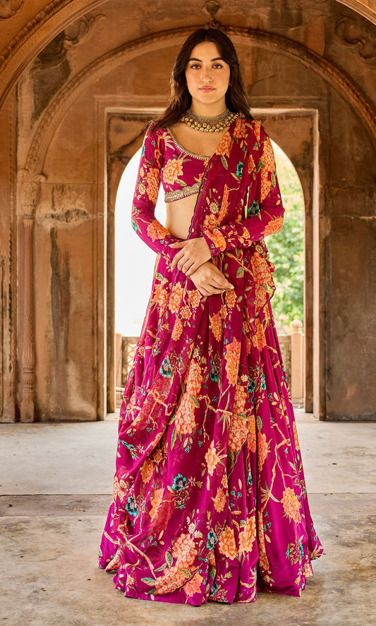 Zoya Pink Floral Embroidered Lehenga with Blouse and Dupatta (set of 3)
