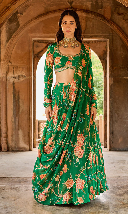 Zoya Green Floral Embroidered Lehenga with Blouse and Dupatta (set of 3)