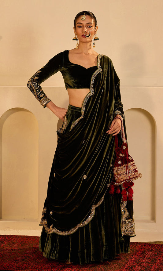 Dilbaro mughals olive green silk velvet embroidered lehenga with blouse and shawl (set of 3)