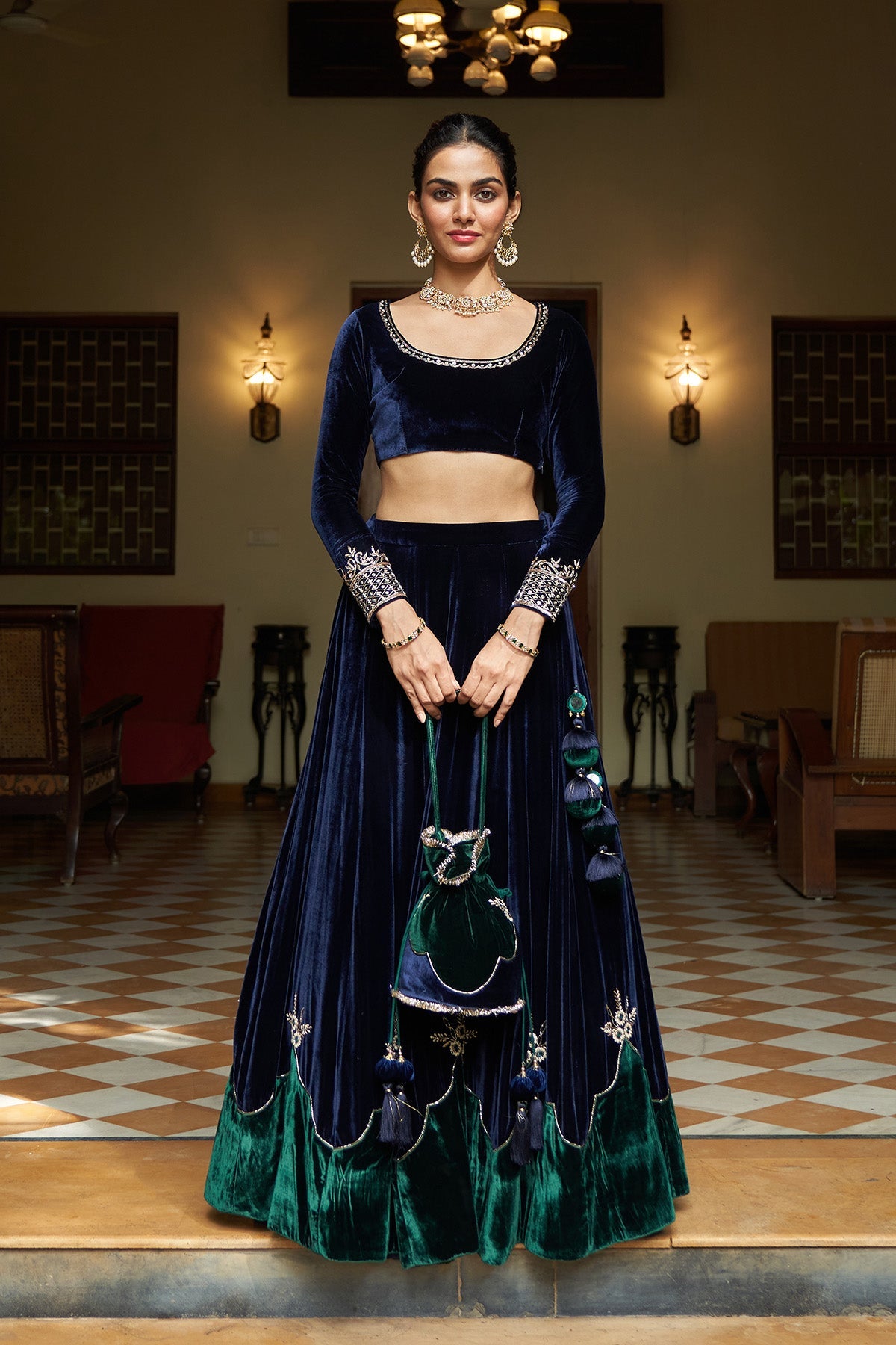 Zooni velvet Blue and green patch work lehenga with blouse and shawl( set of 3)
