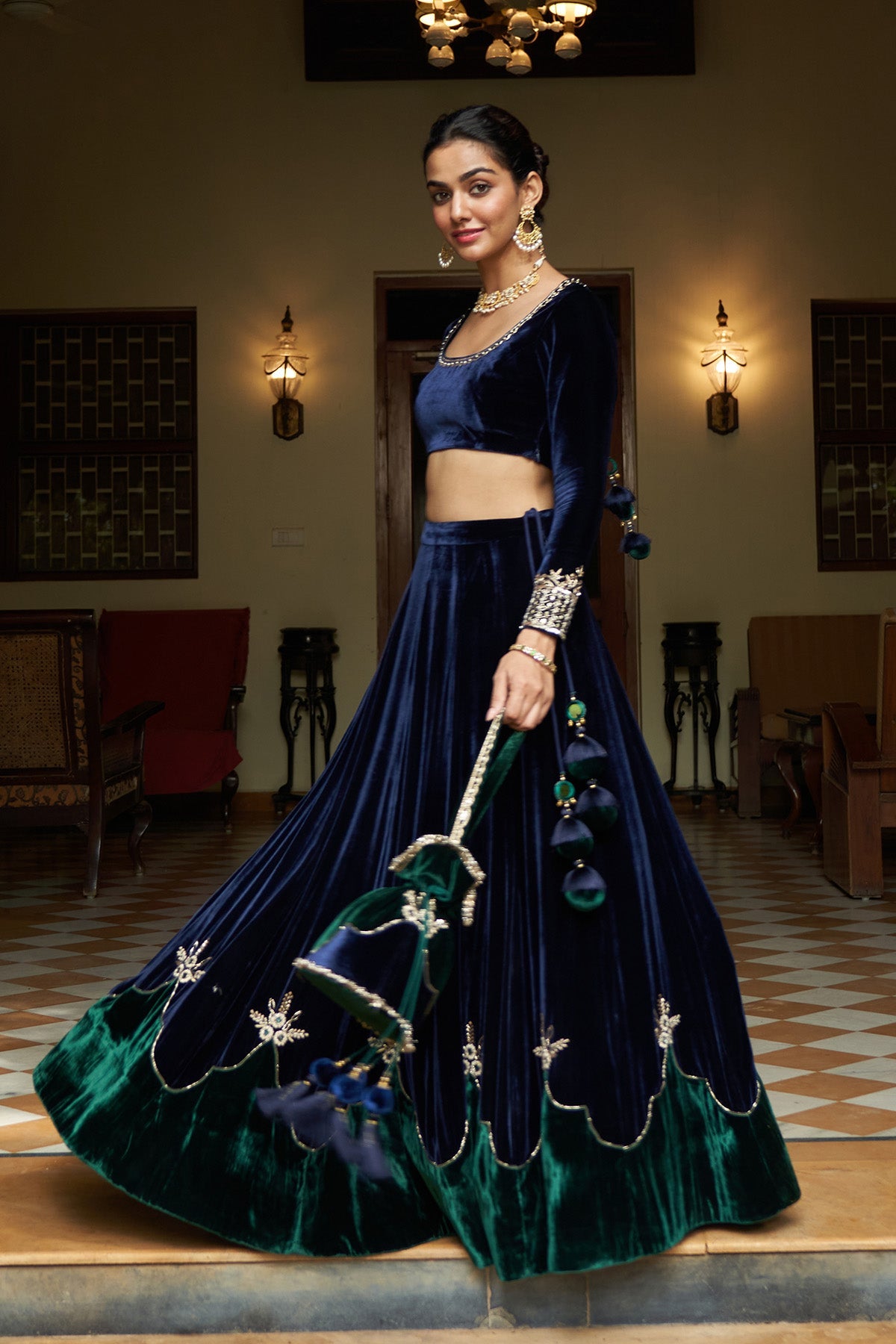 Zooni velvet Blue and green patch work lehenga with blouse and shawl( set of 3)