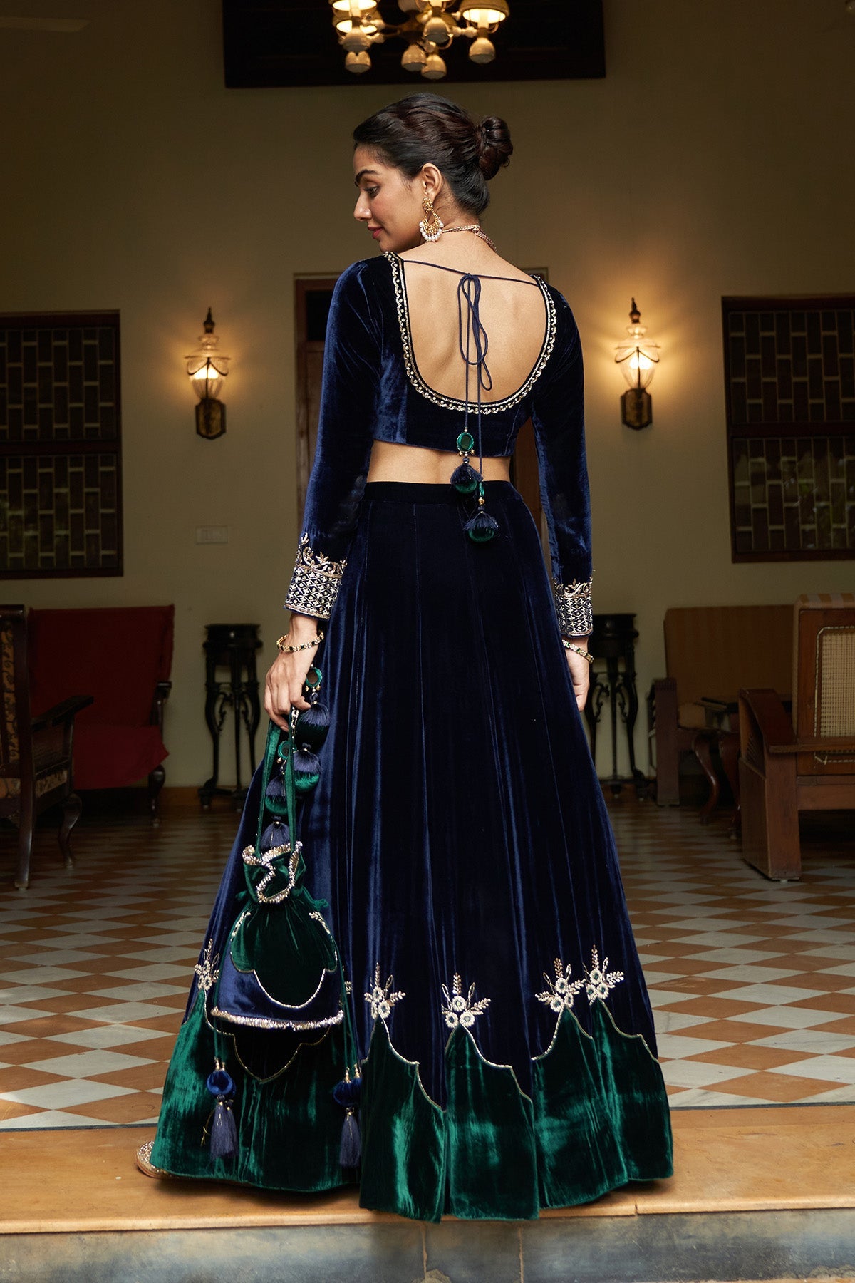 Zooni velvet Blue and green patch work lehenga with blouse and shawl( set of 3)