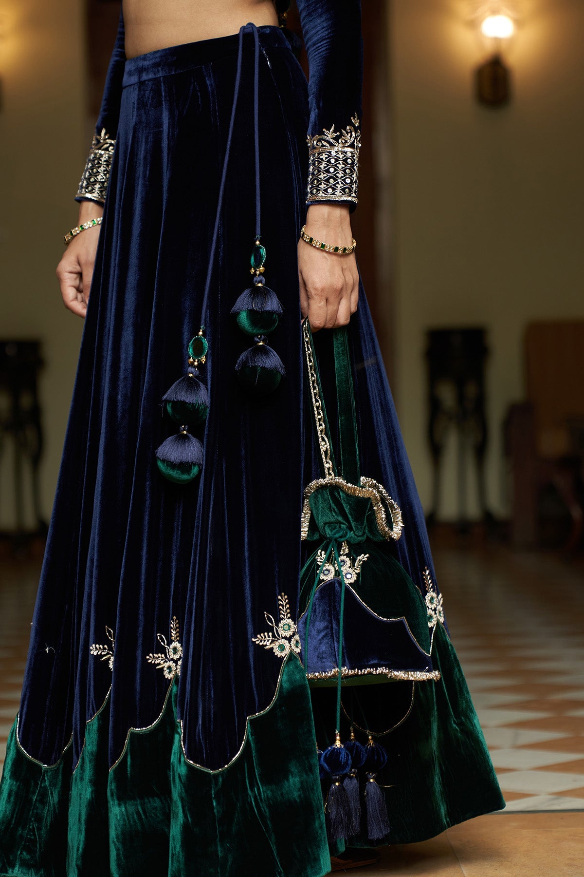 Zooni velvet Blue and green patch work lehenga with blouse and shawl( set of 3)