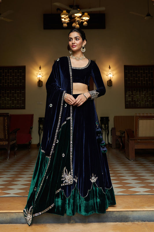 Zooni velvet Blue and green patch work lehenga with blouse and shawl( set of 3)