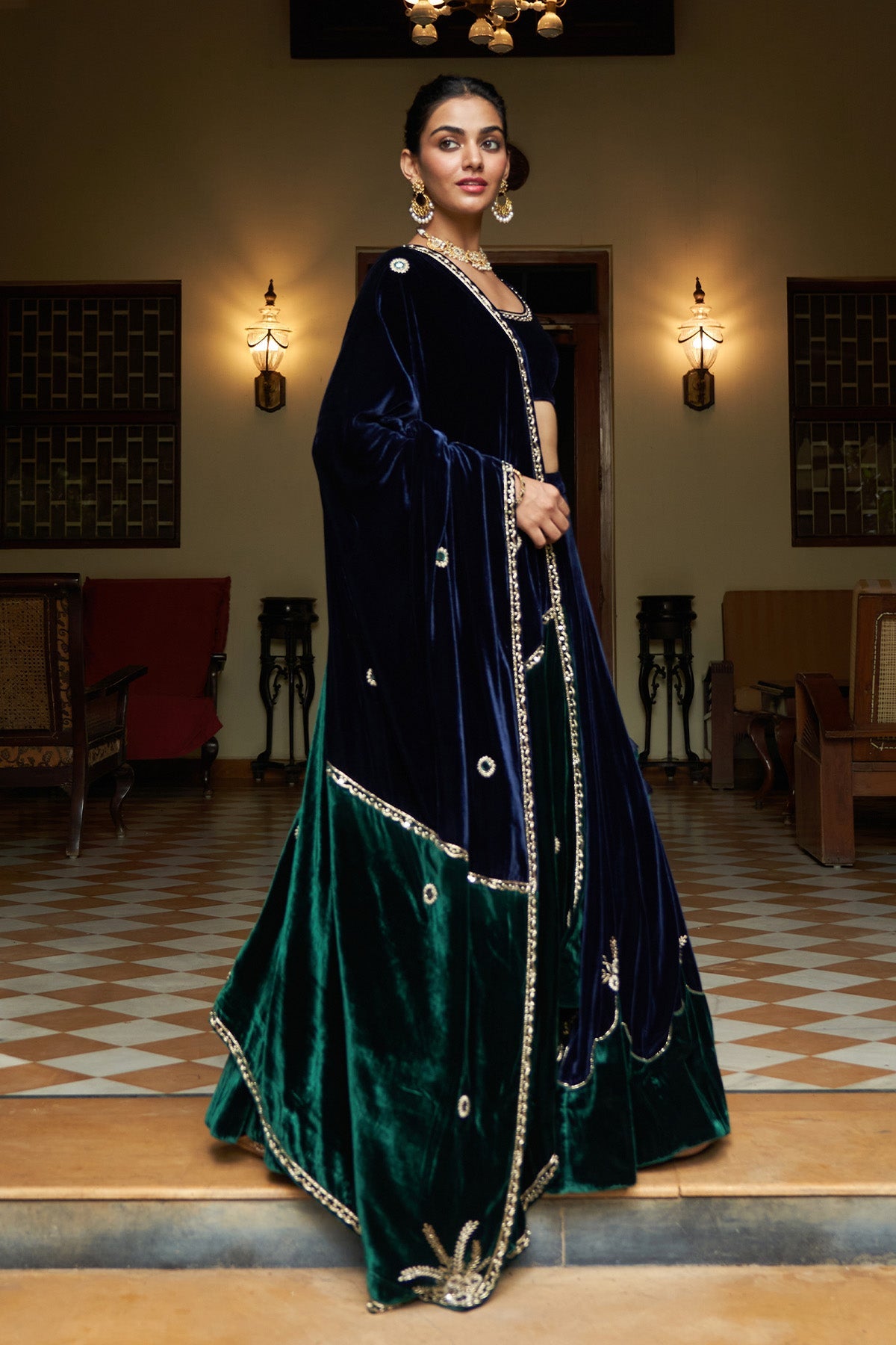 Zooni velvet Blue and green patch work lehenga with blouse and shawl( set of 3)