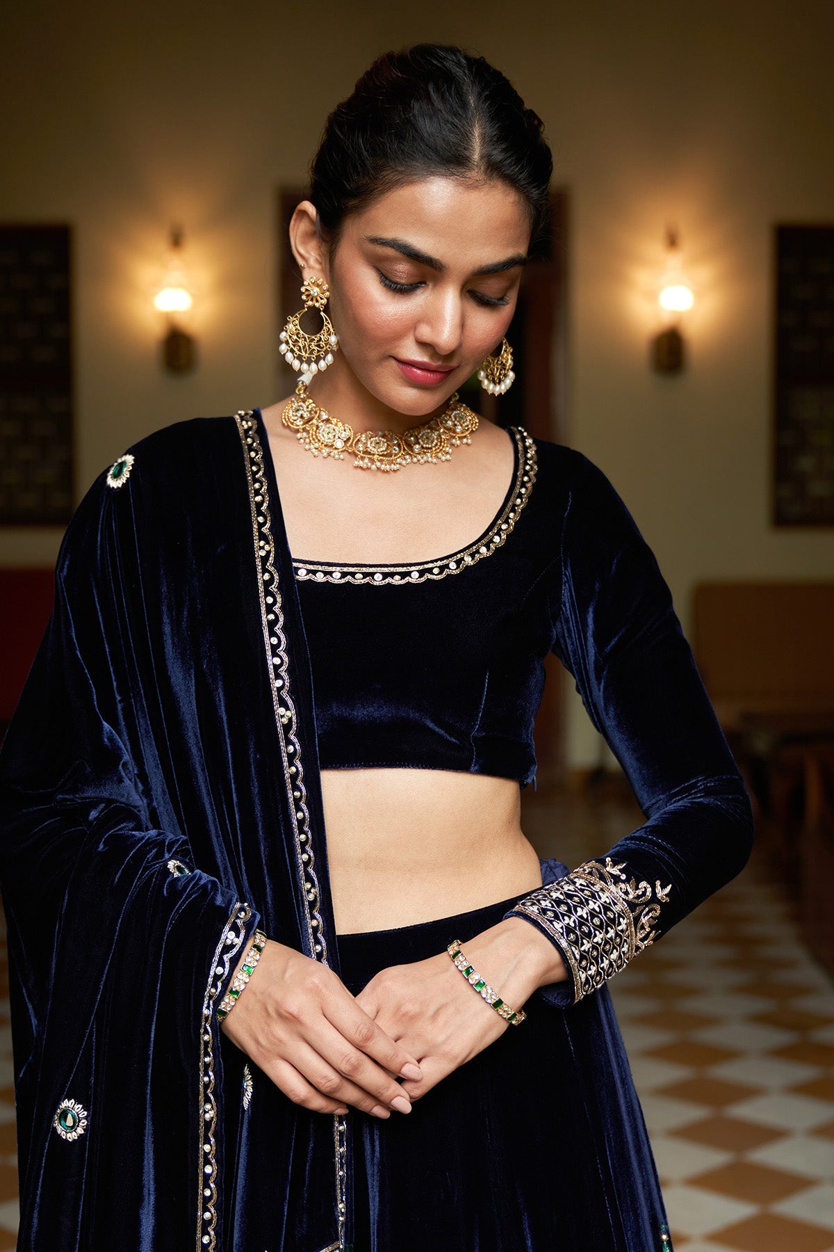 Zooni velvet Blue and green patch work lehenga with blouse and shawl( set of 3)