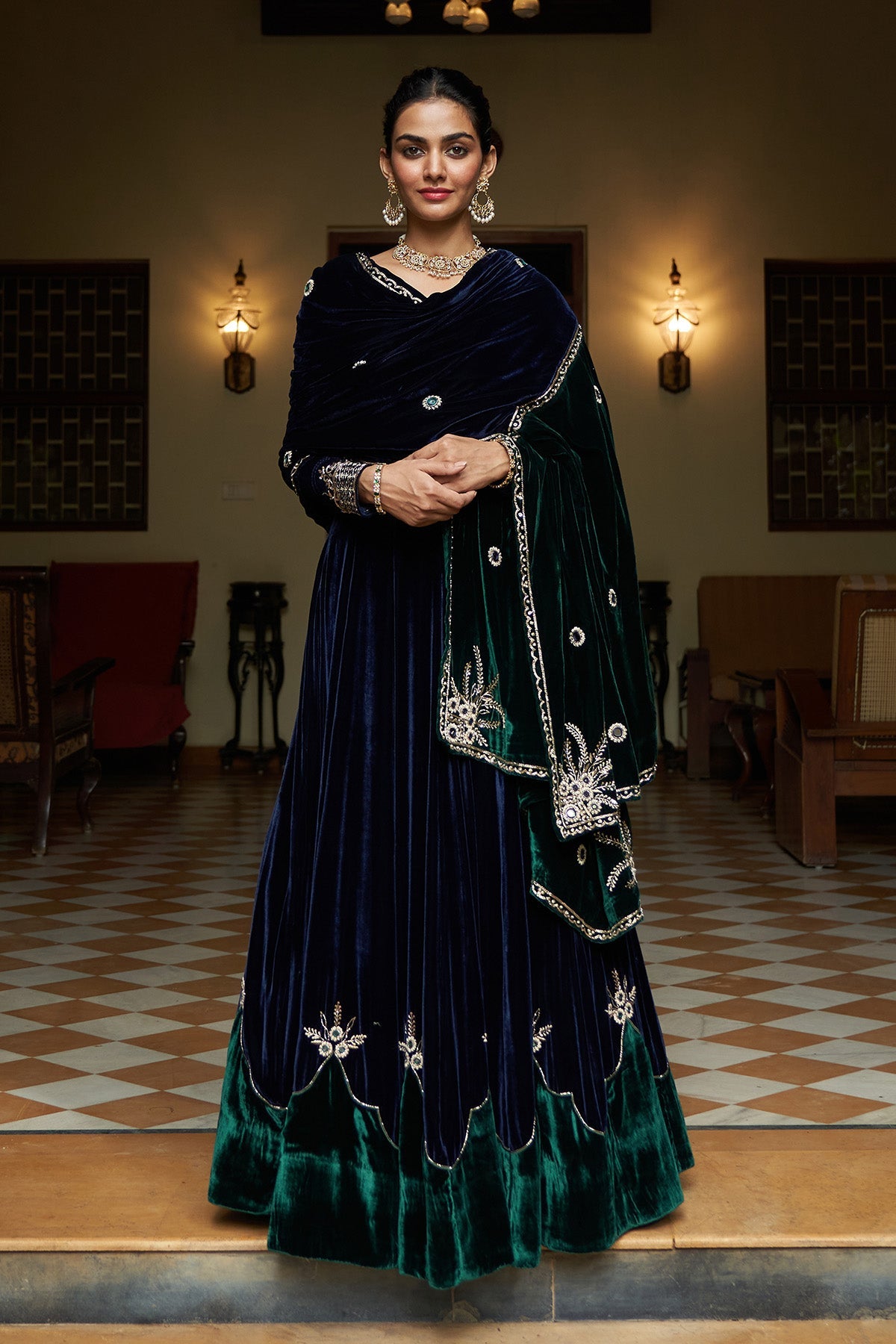 Zooni velvet Blue and green patch work lehenga with blouse and shawl( set of 3)