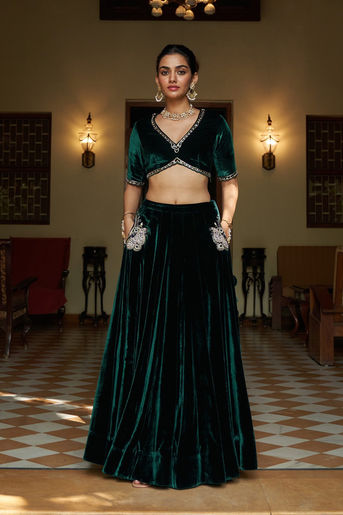 Zooni green velvet  embroidered lehenga with blouse and deep orchid shawl ( set of 3)