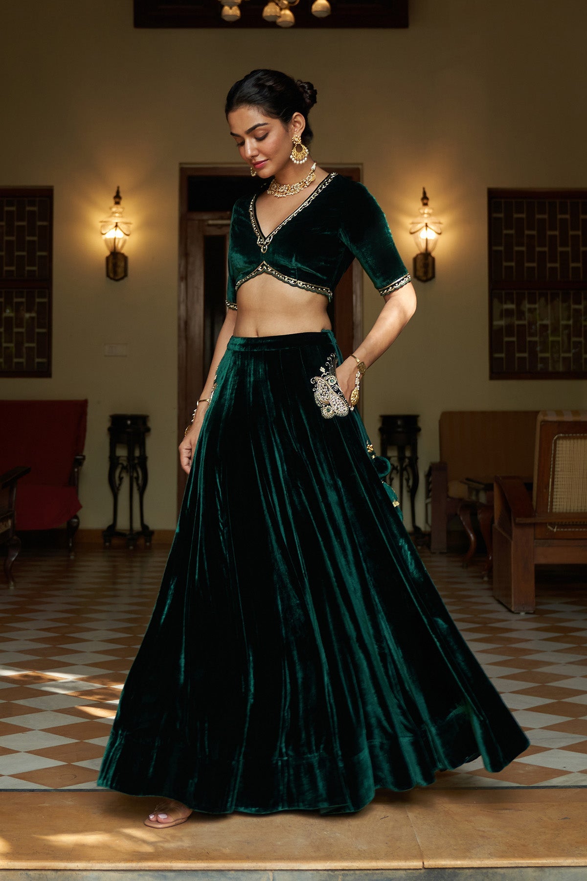 Zooni green velvet  embroidered lehenga with blouse and deep orchid shawl ( set of 3)