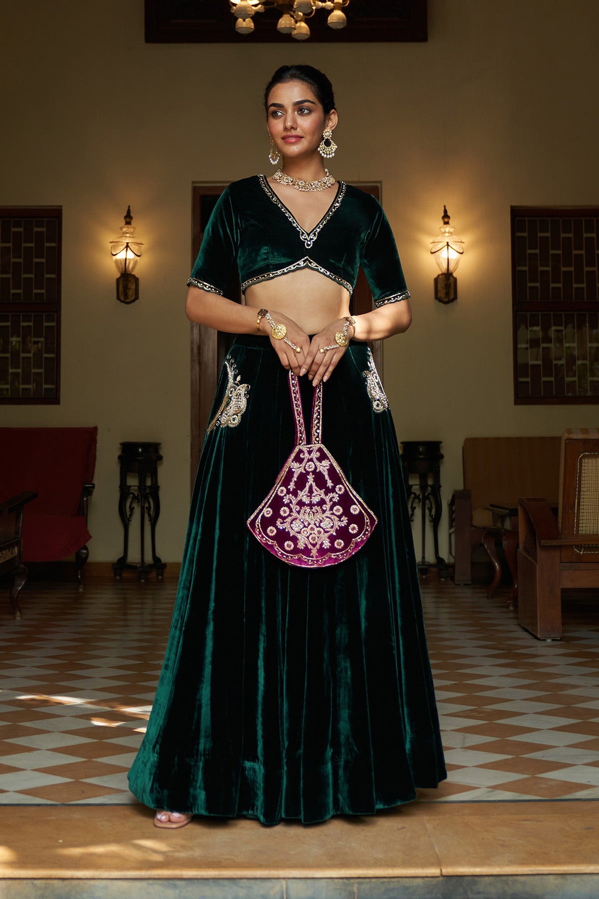 Zooni green velvet  embroidered lehenga with blouse and deep orchid shawl ( set of 3)
